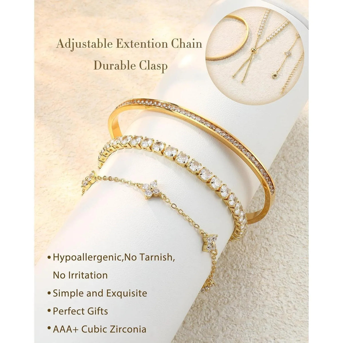 3PC Stackable Bracelet Set for Women - Adjustable 14K Gold-Plated & Silver Stainless Steel Tennis Bracelets