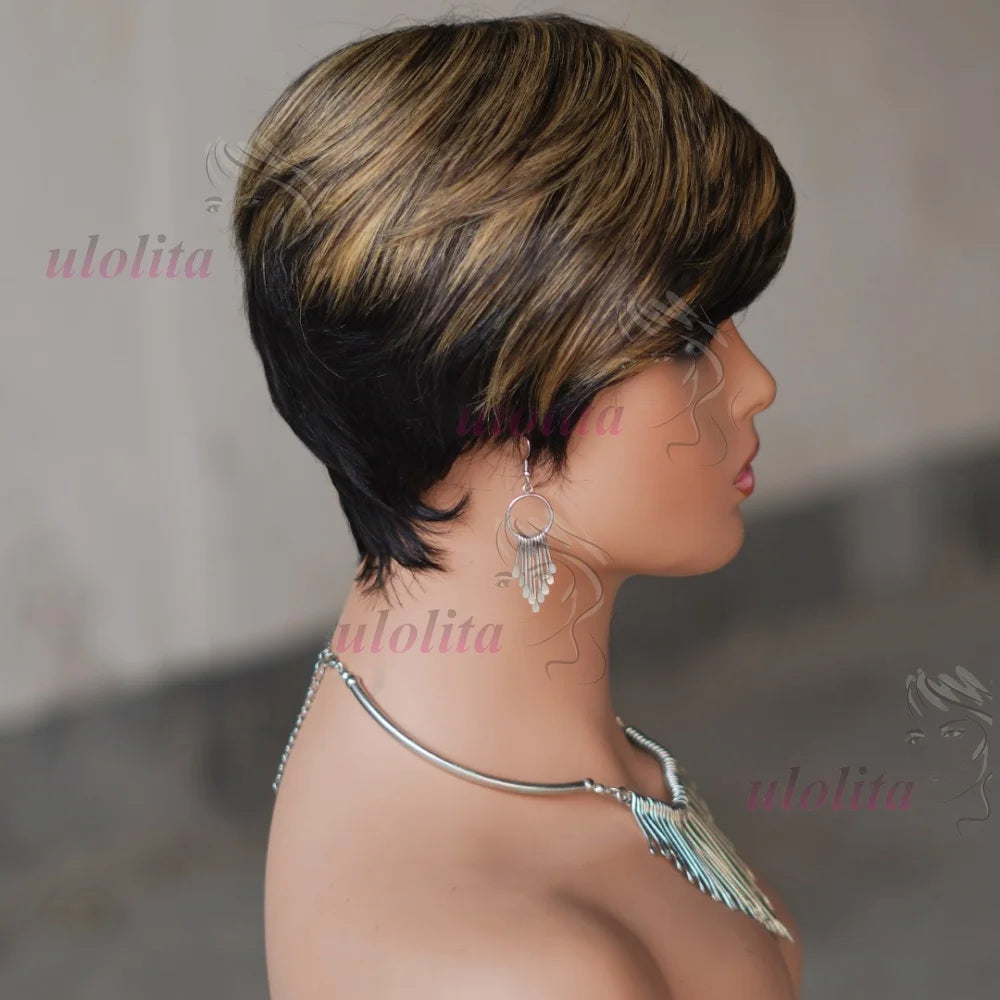 Short Human Hair Wigs - Full Machine Made Wigs, Straight, Highlights, Pixie Cut Wigs with bangs, Human Hair, for Women