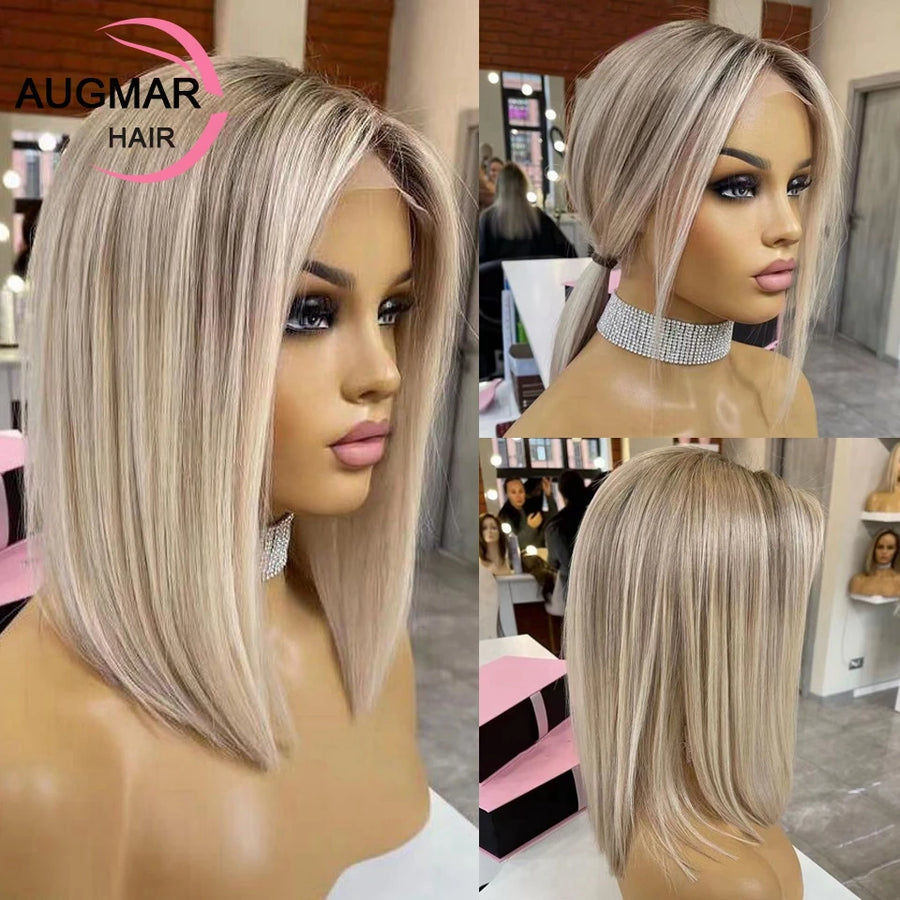 13x4 Short Bob Wig with Highlights, Human Hair. 13x6 HD Lace Frontal Wig, 360 Straight Lace Front Wig for Women