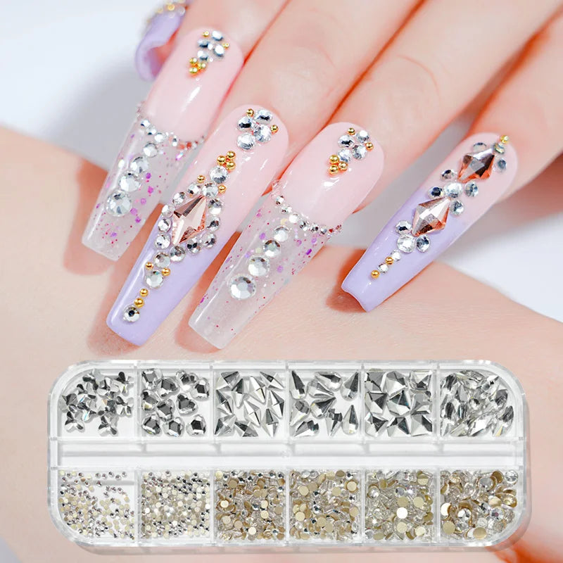 12Gird Box Multi Size AB/Colorful Non-Hotfix Rhinestones Flatback Crystal Diamond Gems 3D Glitter Nail Art Luxurious Decorations