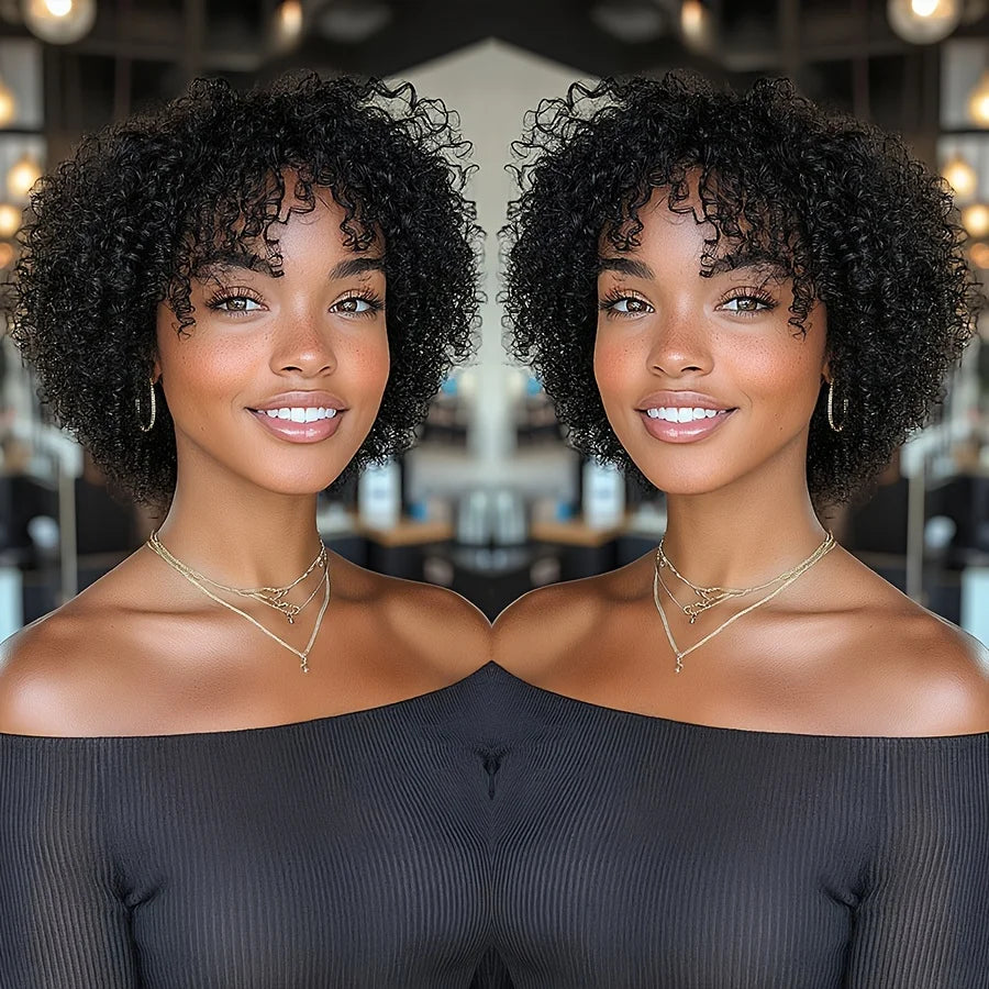 8 Inch Pixie Cut Kinky Curly Wig with Bangs for Women - Brazilian Human Hair, Short Curly Style, Full Machine Made