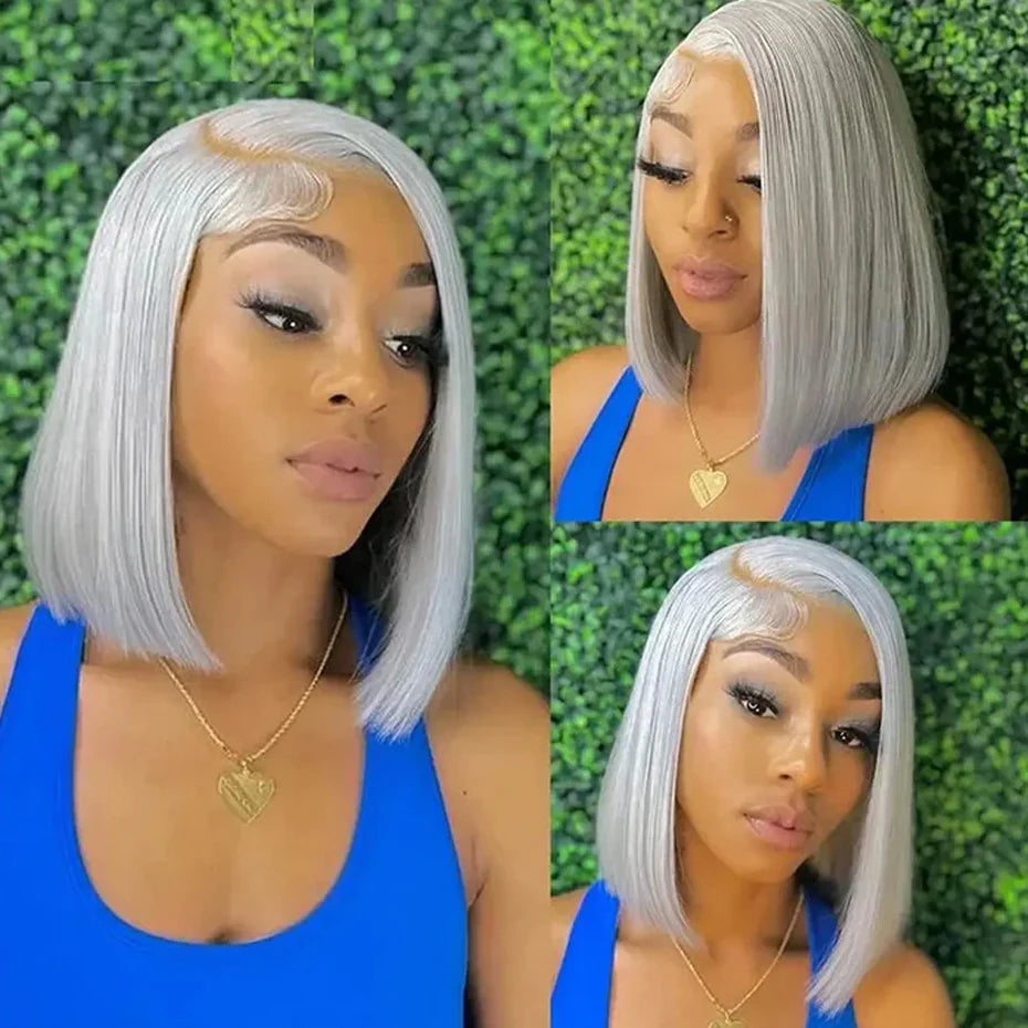 Silver Grey Bob Wig — 13x6 Transparent Lace Frontal, Pre-Plucked, Ships from USA