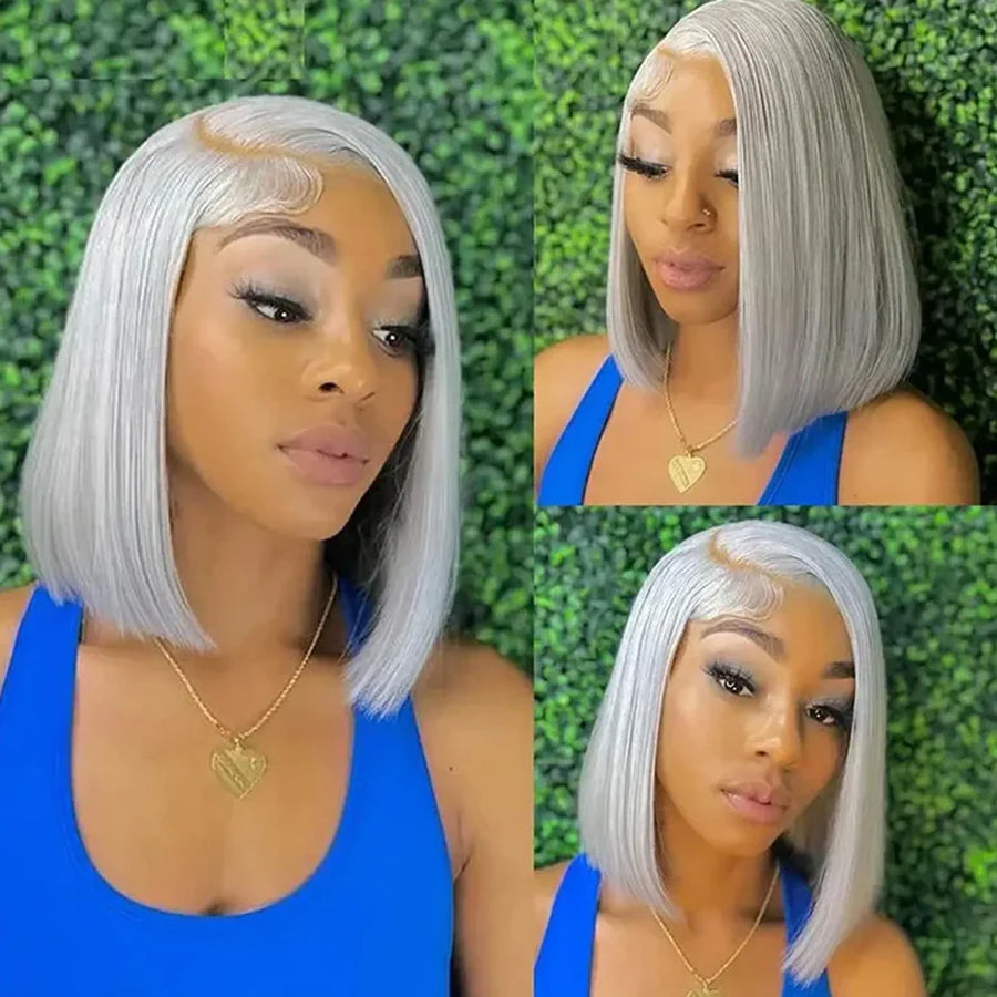 Silver Grey Bob Wig — 13x6 Transparent Lace Frontal, Pre-Plucked, Ships from USA