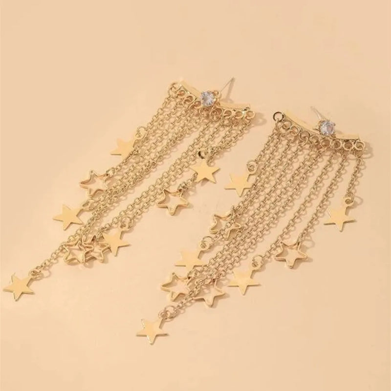 New Fashion Personality Golden Long Star Tassel Decorative Earrings for Women, Wedding Jewelry, Birthday Gift