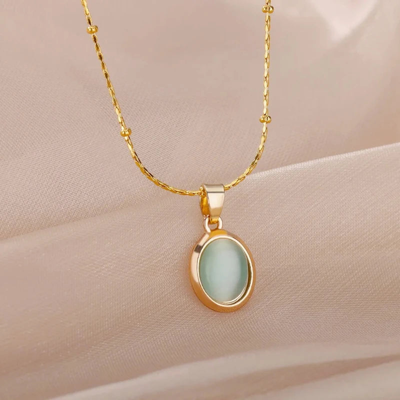 Green Opal Oval Pendant Necklace, Stainless Steel