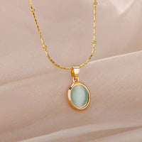 Green Opal Oval Pendant Necklace, Stainless Steel