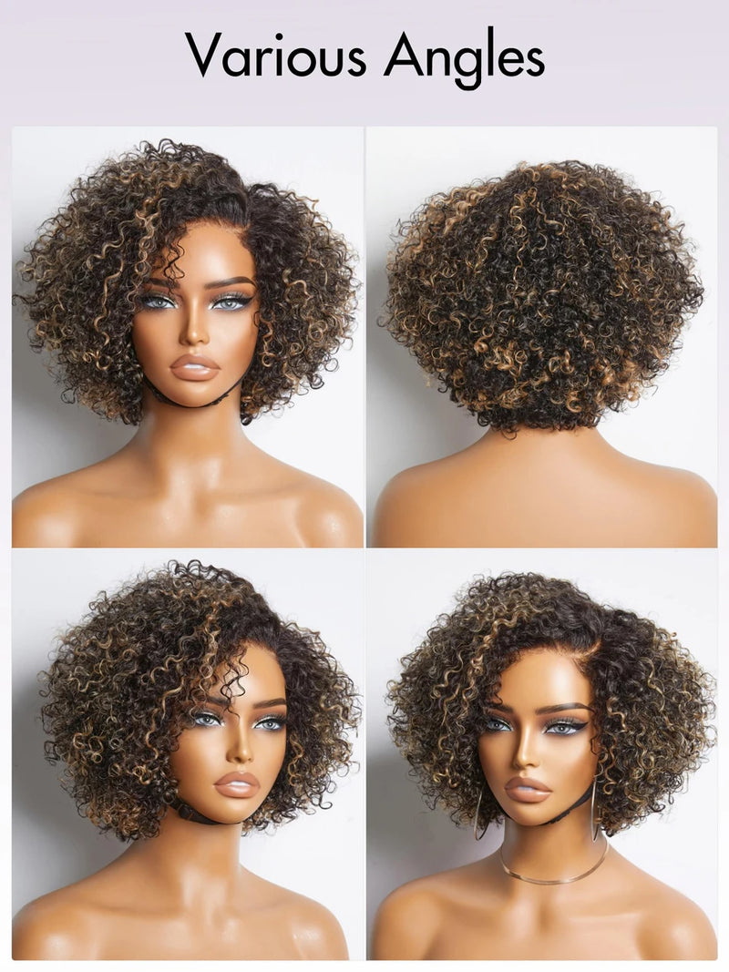 8 Inch Blonde Highlights, Short Curly Human Hair Wig, Glueless, Pre-Plucked, Ombre 5x7 Lace Classic Bob Wig