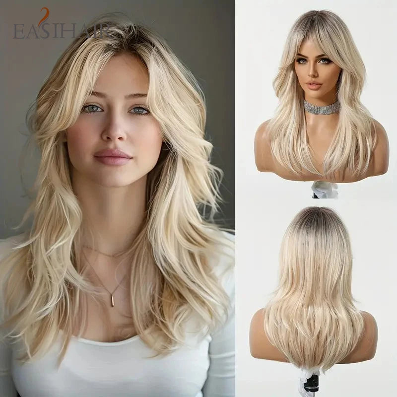 EASIHAIR Light Orange Synthetic Wigs Long Wavy Ombre Natural Hair Wigs with Bangs for Women Cosplay Lolita Wig Heat Resistant SWEET T 52