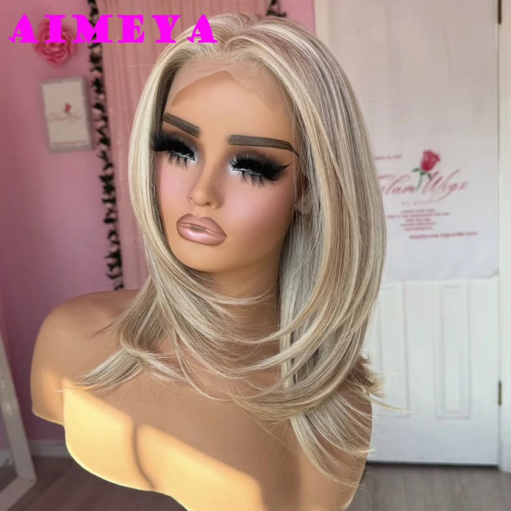 Blonde Highlights Wig - 13x4 Layered Cut Lace Front Wig for Women, Shoulder Length, Heat Resistant Synthetic Hair