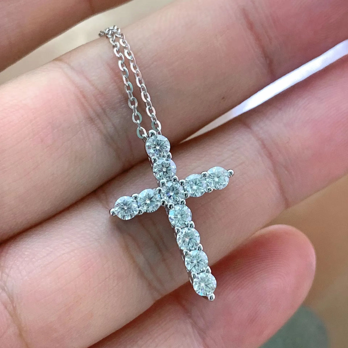Moissanite Cross Pendant Necklace, Marked 925 Sterling Silver