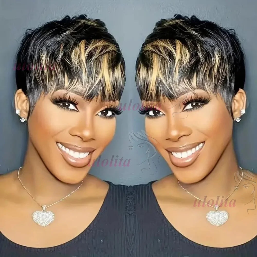 Short Human Hair Wigs - Full Machine Made Wigs, Straight, Highlights, Pixie Cut Wigs with bangs, Human Hair, for Women