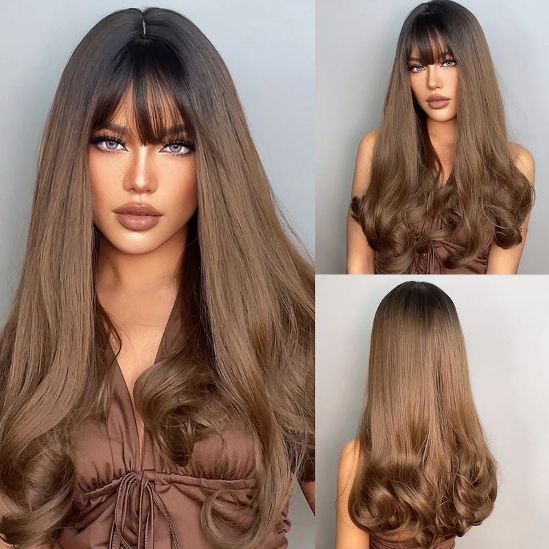 EASIHAIR Light Orange Synthetic Wigs Long Wavy Ombre Natural Hair Wigs with Bangs for Women Cosplay Lolita Wig Heat Resistant SWEET T 52