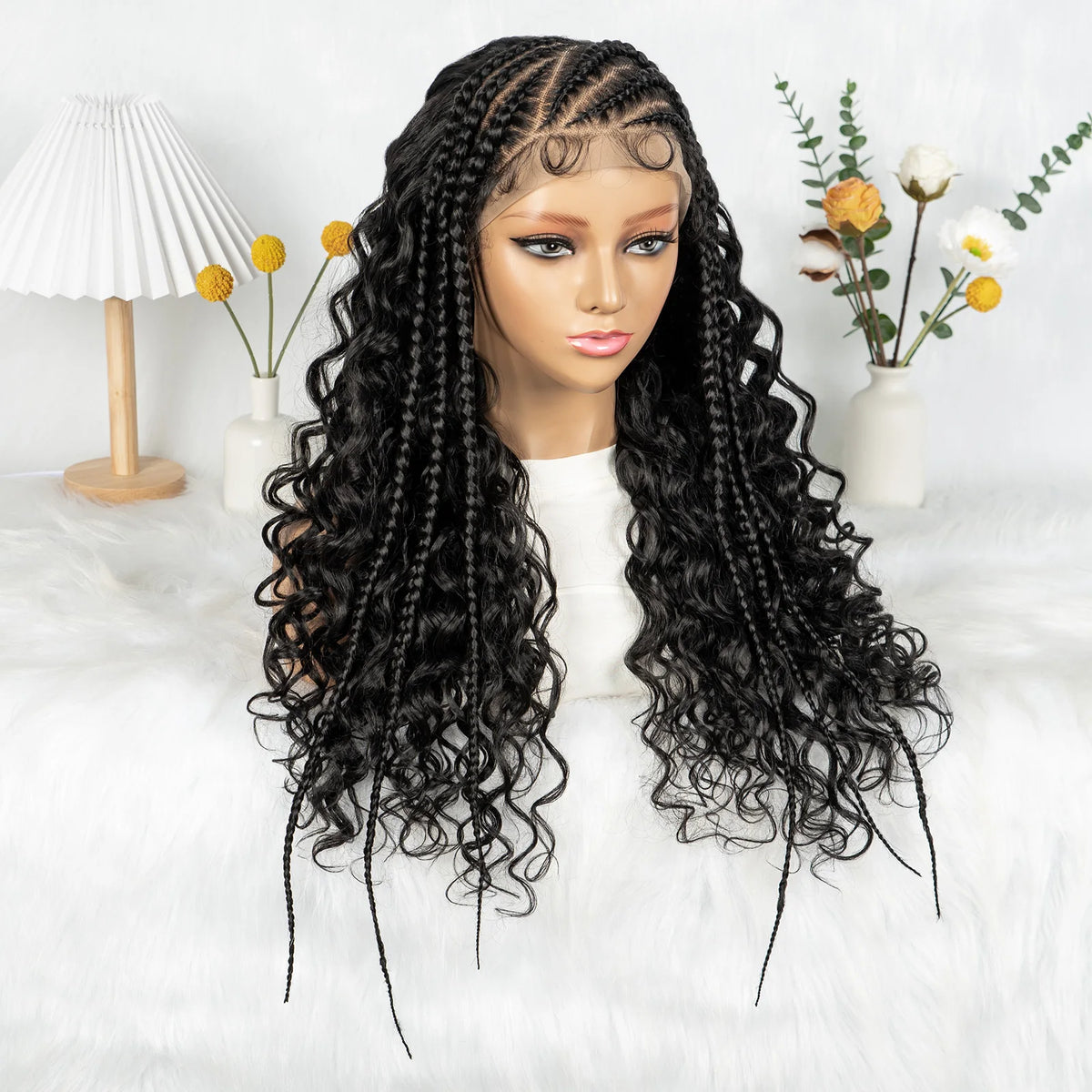 Cornrow Synthetic Braided Wigs 13*6 Lace Front Wig  Knotless Box Braided Wig Partition Design with Curly Hair for African Women Sweet T 52
