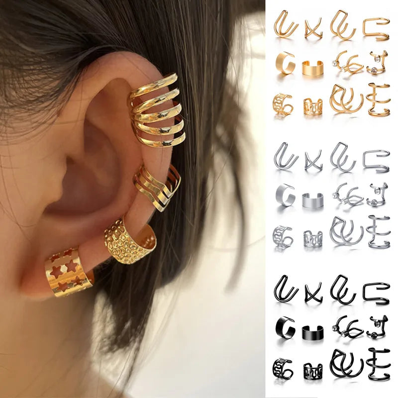 KOTiK 2024 New Gold Silver Color Leaves Clip Earrings for Women Fashion Ear Cuff Non-Piercing Earrings Set Trend Jewelry Gift Sweet T 52