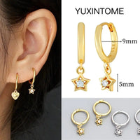 925 Silver Needle Star Hoop Earrings for Women - Five-pointed Star and Moon Pendant Huggie Earrings