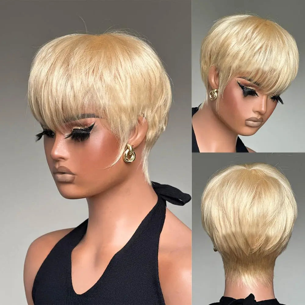 Blond Pixie Cut Wig  - Human Hair Wig for Women. 613 Bob Wig, Short, with Bangs, Straight - Full Machine Made Wig