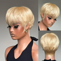 Blond Pixie Cut Wig  - Human Hair Wig for Women. 613 Bob Wig, Short, with Bangs, Straight - Full Machine Made Wig