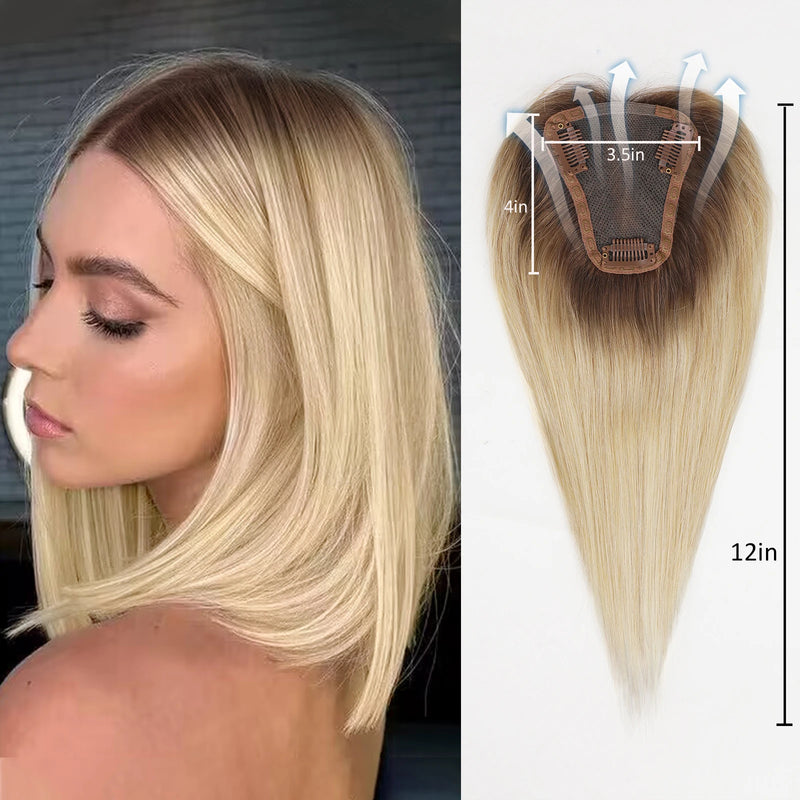 Hair Toppers - Blonde Brown Ombre, 100% Remy Human Hair Topper/HairPieces for Women & Girls, 12 Inches