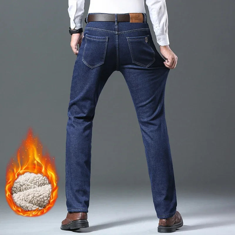 Winter Men's Fleece Thick Sherpa Jeans Business Casual Velvet Straight Denim Pants Male Wool Plush Classic Stretch Trousers Sweet T 52