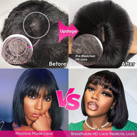 2x1 Straight Bob Lace Closure Wigs with Bangs for Women - Brazilian Hair, Short Straight Wigs With Realistic Scalp, 8-14 Inches