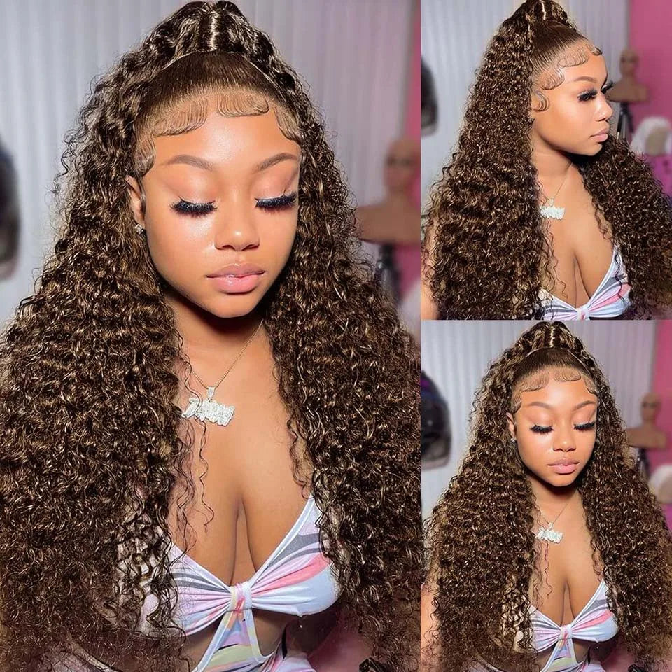 13x4 Chocolate Brown Deep Wave Lace Front Wig Bleached Knots HD Transparent 13x6 Lace Frontal Wig Brown Curly Human Hair Wigs Sweet T 52