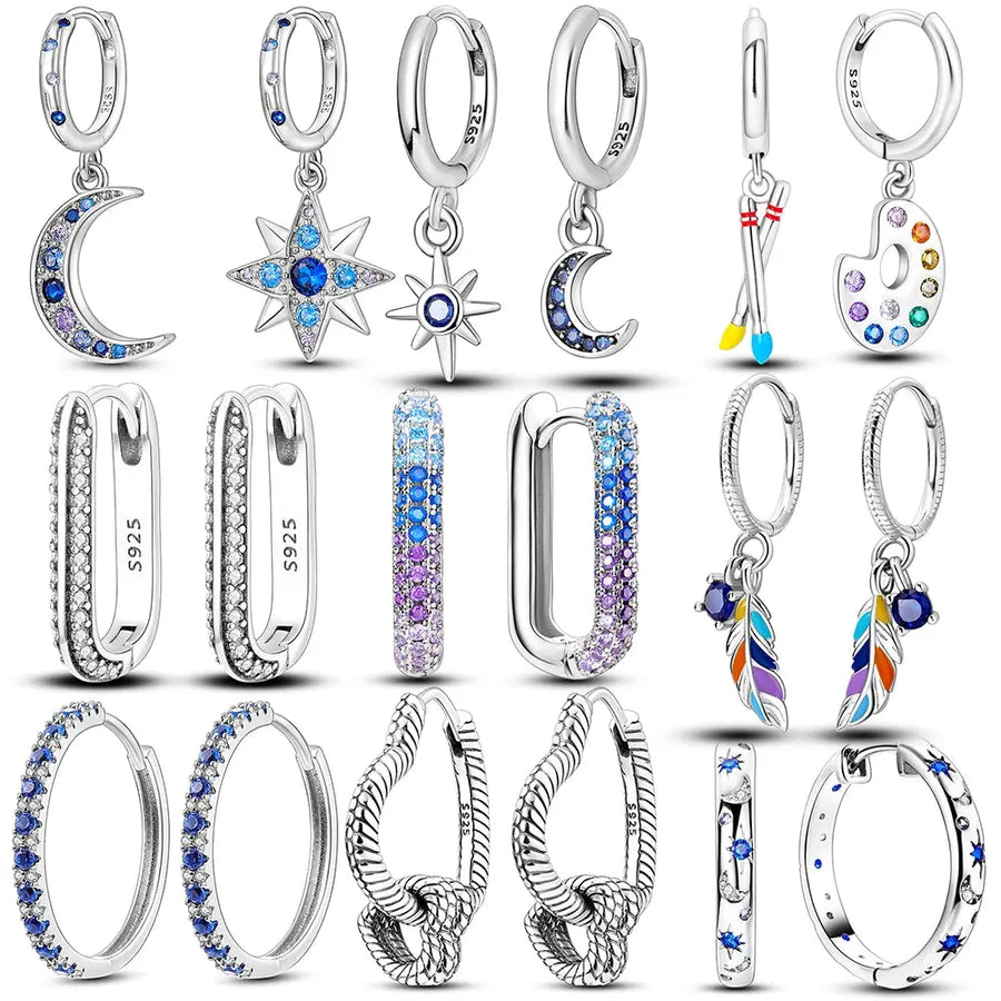 925 Sterling Silver Sparkling Heart/Star/Moon Feather Fashion. Colorful Earrings, Hoop Jewelry for Women & Girls-earrings-SWEET T 52