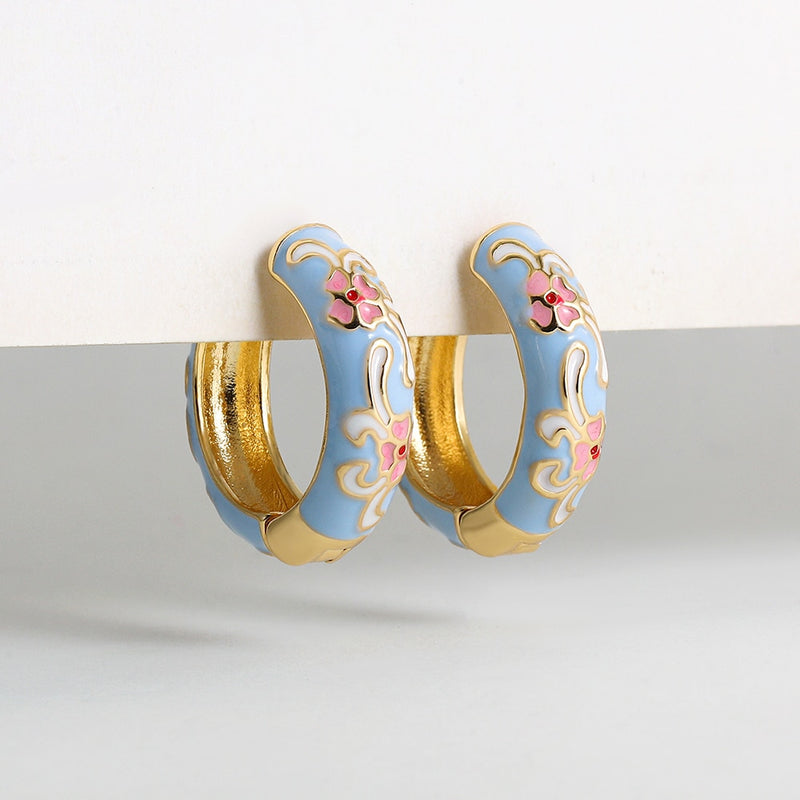 Vintage Enameled Flower Small Hoop Earrings - Trendy Geometric Statement, Round Circular Huggie Earrings for Women and Girls-earrings-SWEET T 52