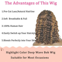 427 Highlight Bob Wig Human Hair Glueless Deep Wave Frontal Wig 5X5 Hd Lace Closure Wig Brazilian Hair Short Bob Wig 250 Density Sweet T 52