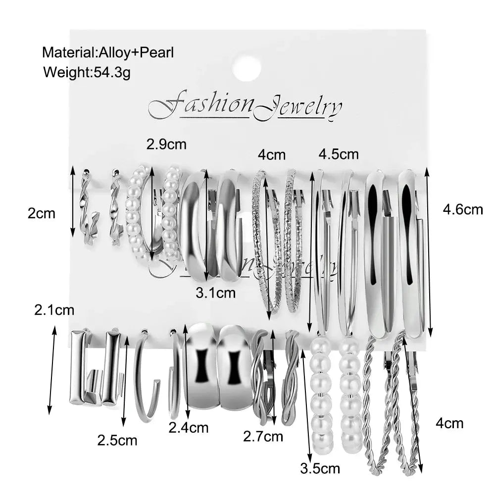 12 Pair Vintage Silver/Gold Color/Pearl Earrings for Women. Geometric/Round Circle/Square/Hoop Earring Set - SWEET T 52