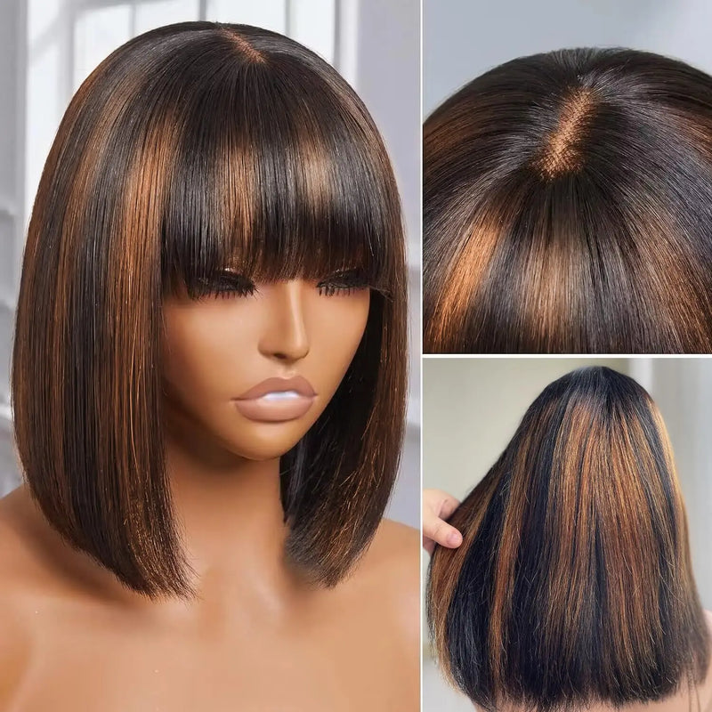12 Inch 1b/30 Highlight 2x1 Glueless Wigs With Bangs 250 Density Straight Human Hair Short Bob Wig Brazilian Raw Hair For Women Sweet T 52