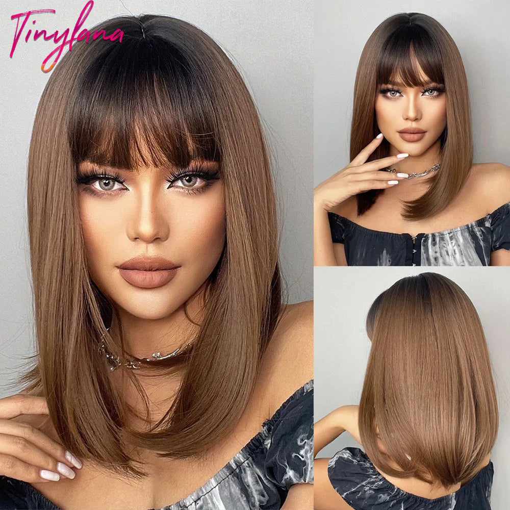 Short Straight Synthetic Wigs for Women with Bangs - Short Straight Bob Hair Wigs