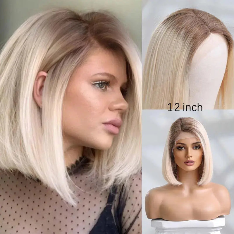 Human Hair 13x1 Lace Front Wig for Women & Girls, Shoulder Length Bob {Straight} with Highlights - Heat Resistant