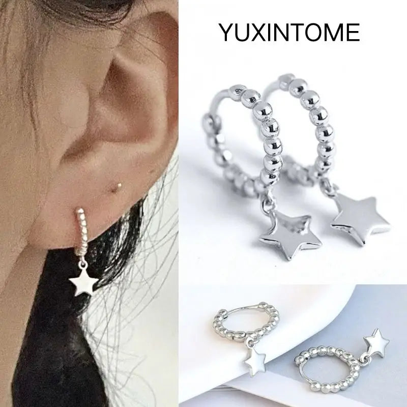 925 Silver Needle Star Hoop Earrings for Women - Five-pointed Star and Moon Pendant Huggie Earrings