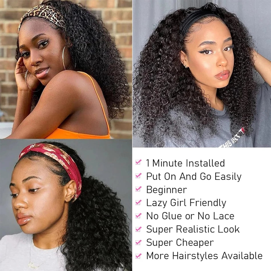 Kinky Curly Headband Wig. Human Hair Curly Bob Wig for Women. Full Machine Made Wig, Natural Black Hair