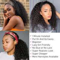 Kinky Curly Headband Wig. Human Hair Curly Bob Wig for Women. Full Machine Made Wig, Natural Black Hair
