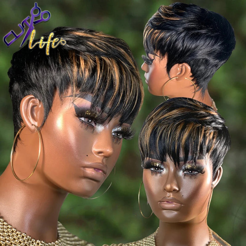 Short Pixie Cut Wigs, Wear And Go - Full Machine Wig With Bangs. Dovetail Straight Highlight Blonde Remy Human Hair Mullet Wigs