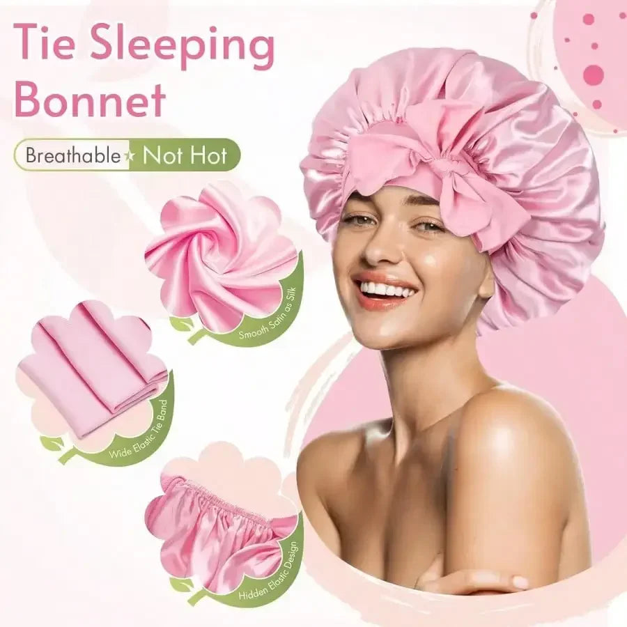 Satin Hair Bonnet with Adjustable Bow Tie
