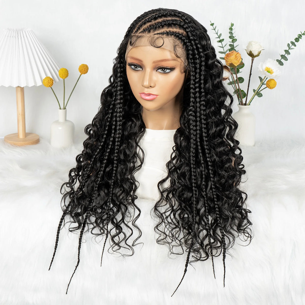 Cornrow Synthetic Braided Wigs 13*6 Lace Front Wig  Knotless Box Braided Wig Partition Design with Curly Hair for African Women Sweet T 52