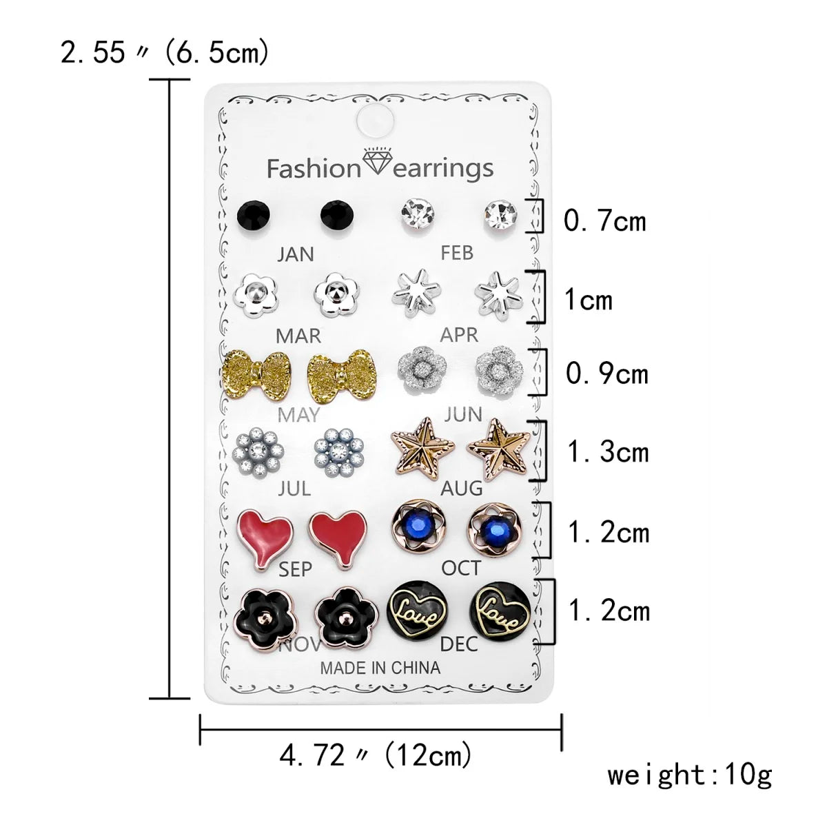 12 Pair/Set Rhinestones - Flower, Bowknot, Star, Heart Stud Earrings for Women/Men. Simple Earrings Jewelry