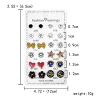 12 Pair/Set Rhinestones - Flower, Bowknot, Star, Heart Stud Earrings for Women/Men. Simple Earrings Jewelry