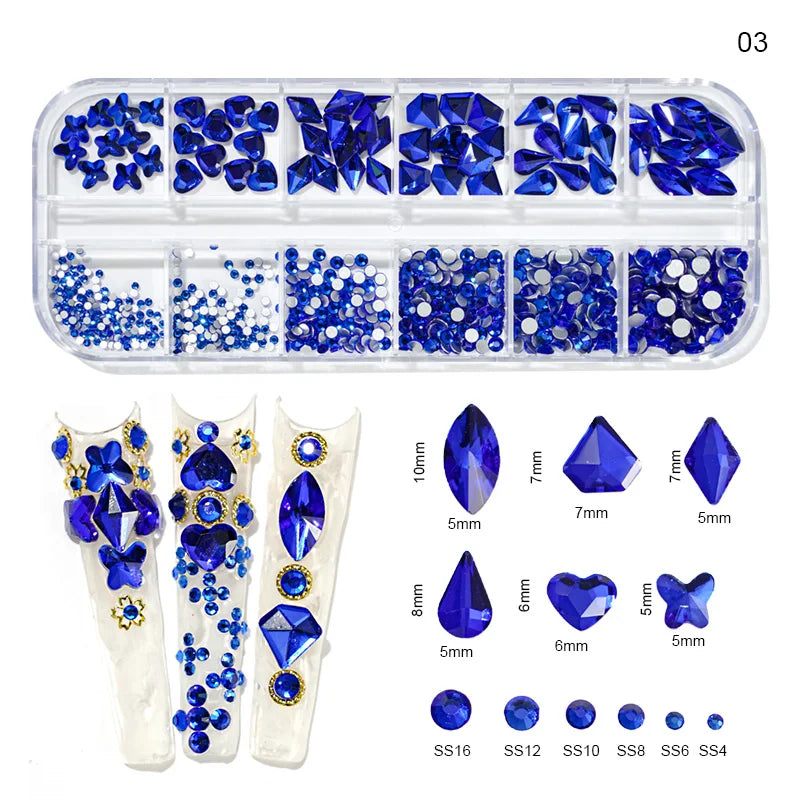 12Gird Box Multi Size AB/Colorful Non-Hotfix Rhinestones Flatback Crystal Diamond Gems 3D Glitter Nail Art Luxurious Decorations SWEET T 52