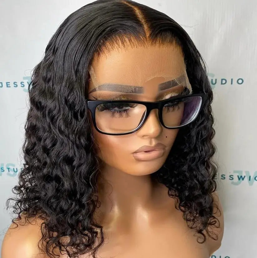No Glue Deep Wave Lace Frontal Wigs for Women - 13x4/7x5 Glueless Bob Wigs, Curly Human Hair Wigs, 250 Density, Ready to Wear