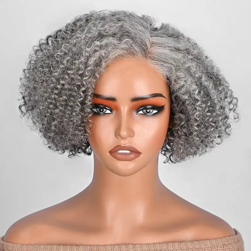 Soullady Short Jerry Curly Gray Wig Real Salt & Pepper Human Hair Glueless Lace Wigs For Mature Upgrade Deep Wave Bob Wig Sweet T 52