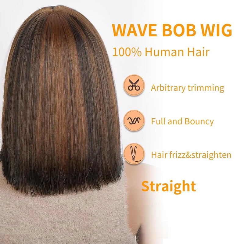 12 Inch 1b/30 Highlight 2x1 Glueless Wigs With Bangs 250 Density Straight Human Hair Short Bob Wig Brazilian Raw Hair For Women Sweet T 52