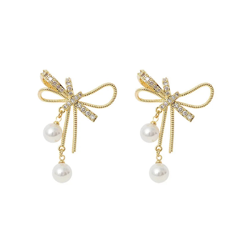 Elegant Bowknot Imitation Pearl Earrings/Rhinestone Shiny Earrings for Women. Fashion Jewelry