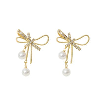 Elegant Bowknot Imitation Pearl Earrings/Rhinestone Shiny Earrings for Women. Fashion Jewelry
