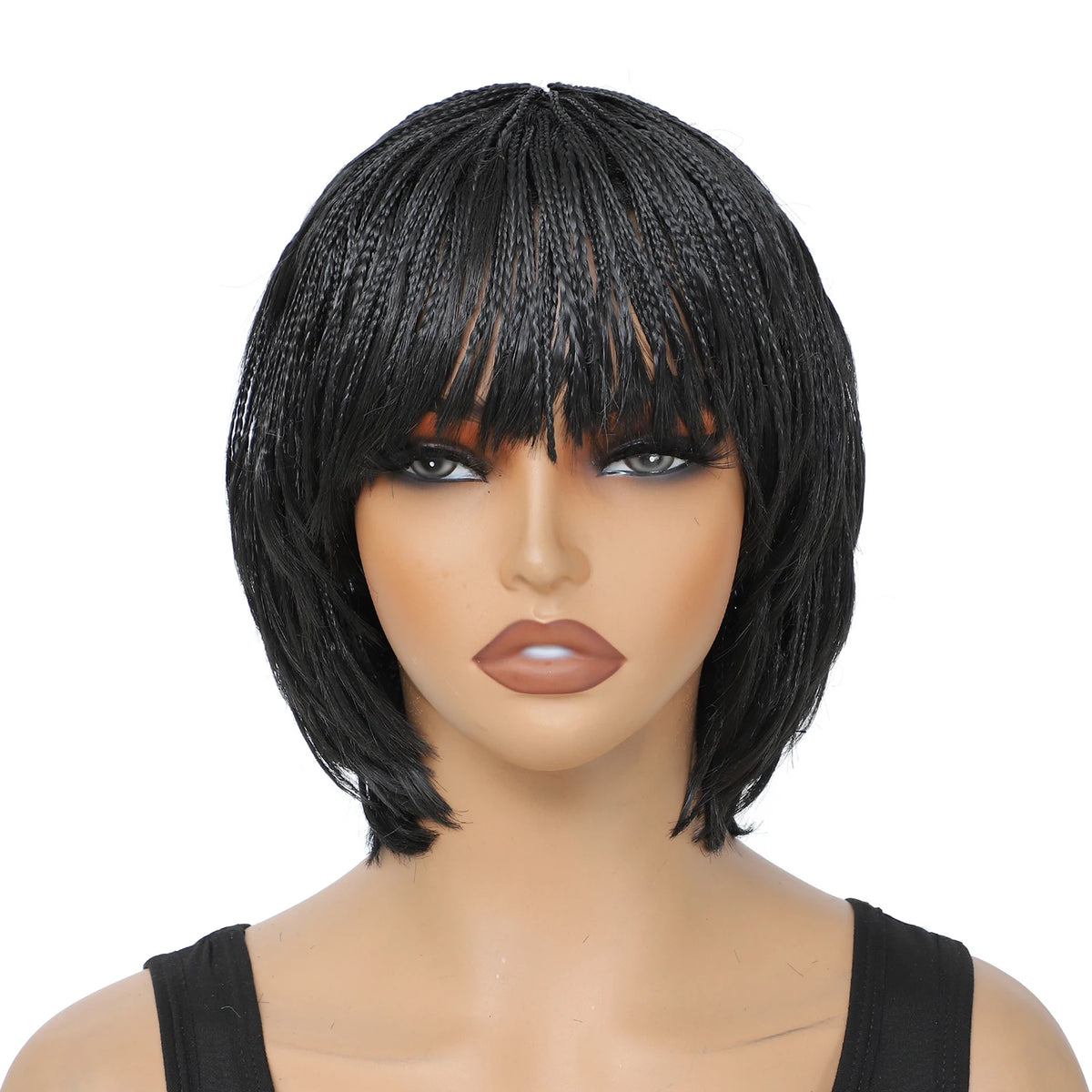 Short Braided Wig With Bangs. Synthetic Box Braids, Crochet Braiding Wigs for Women, Pixie Cut
