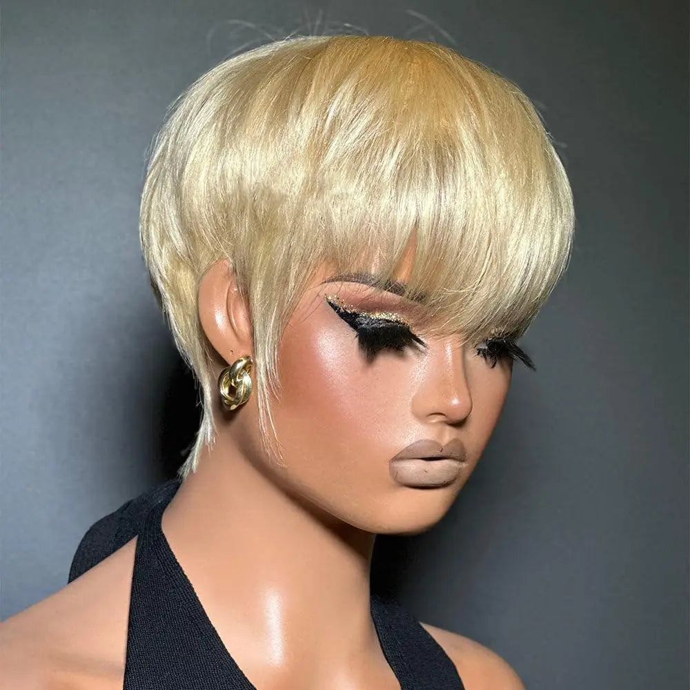 Blond Pixie Cut Wig  - Human Hair Wig for Women. 613 Bob Wig, Short, with Bangs, Straight - Full Machine Made Wig