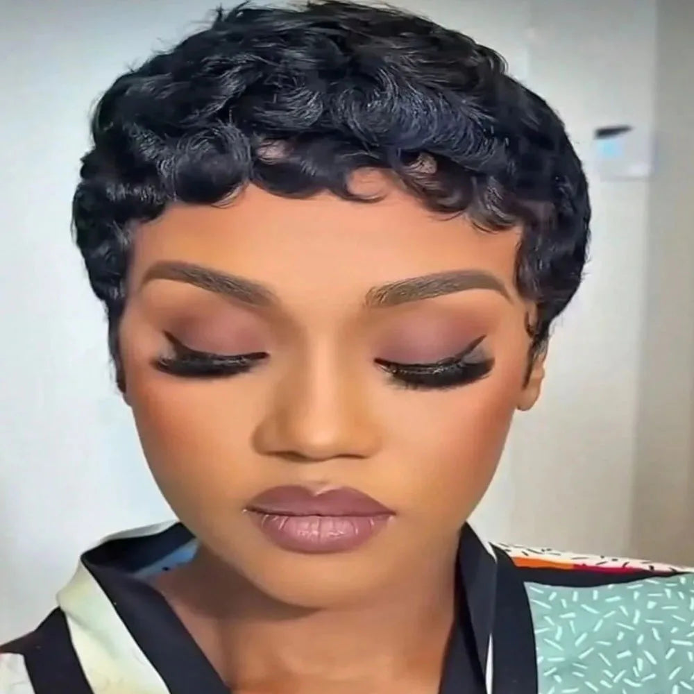 Short Pixie Cut Human Hair Wigs for Women - 6 Inch Short Curly Wave Wigs - 200/250% Density, Glueless