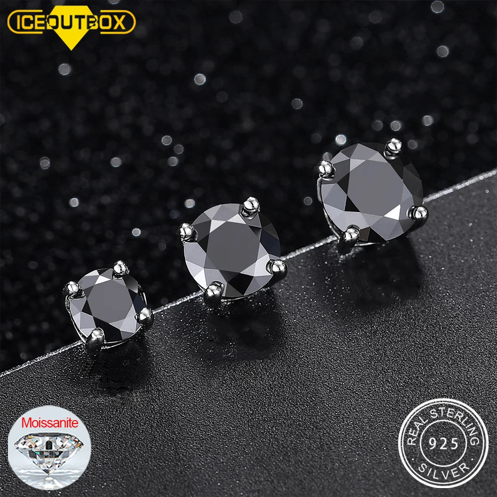 Black Moissanite Stud Earrings, Marked 925 Sterling Silver